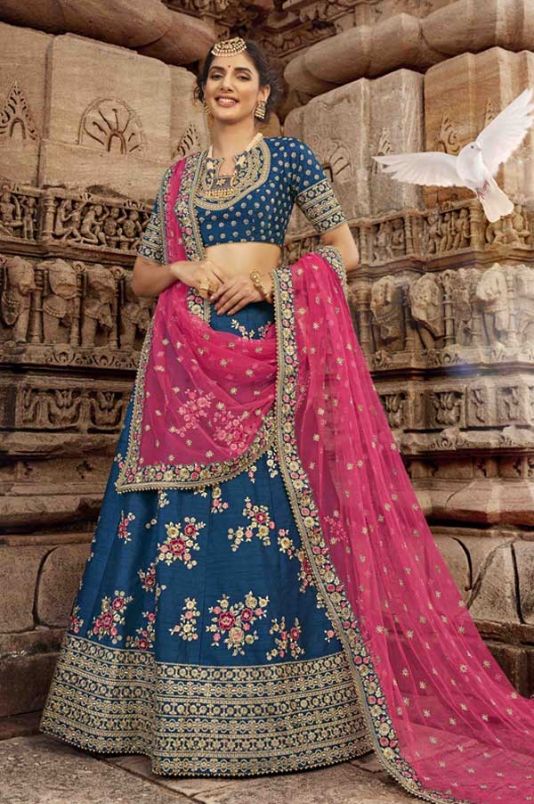 Blue Lehenga Choli With Pink Dupatta