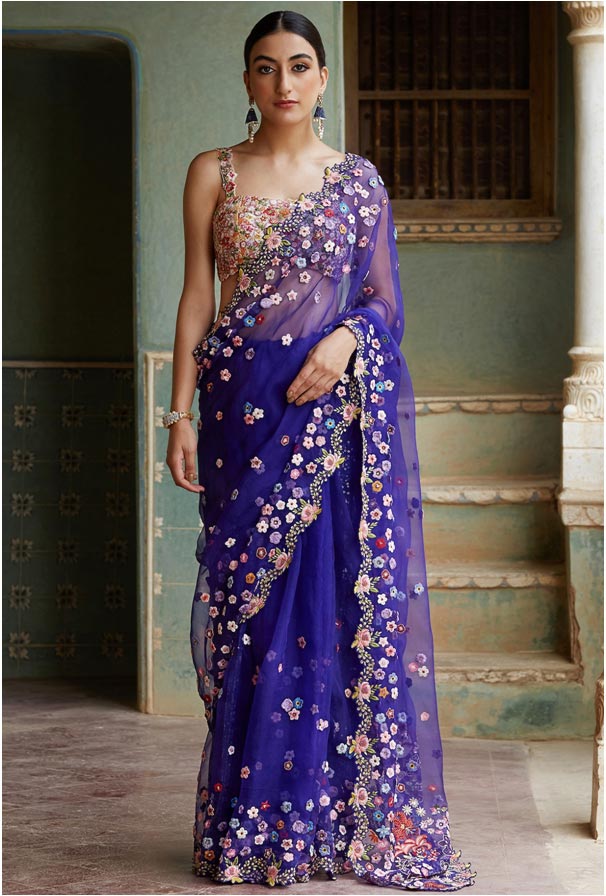 Blue Mushroom Hand Embroidered Saree Set