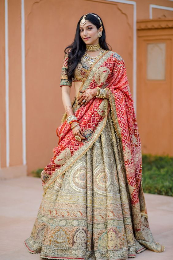 Ivory Lehenga With Red Bandhej Dupatta 