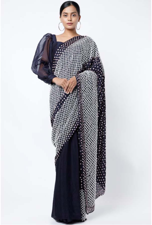 Charcoal Blue Embroidered Saree