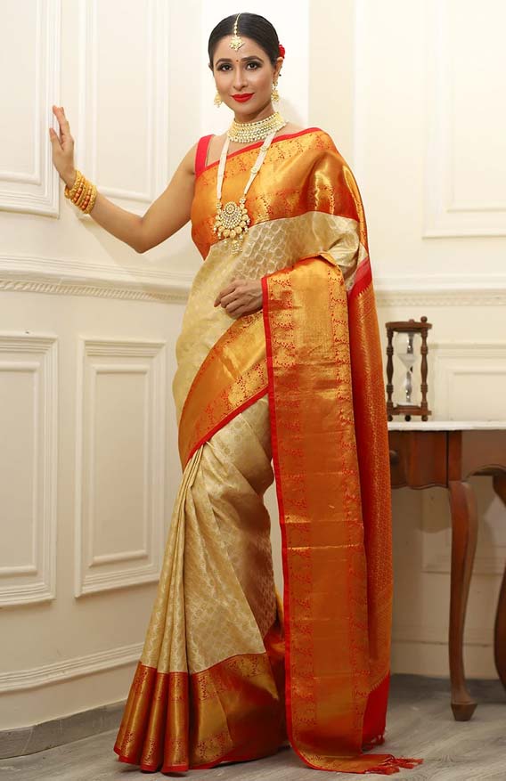 Cream And Maroon Kanjeevaram Silk Saree