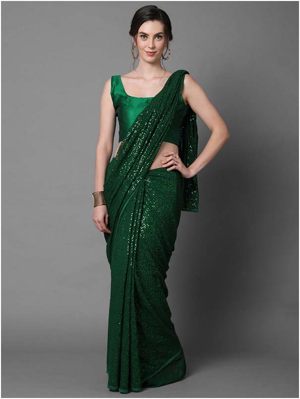 Dark Green Sequin Work Saree