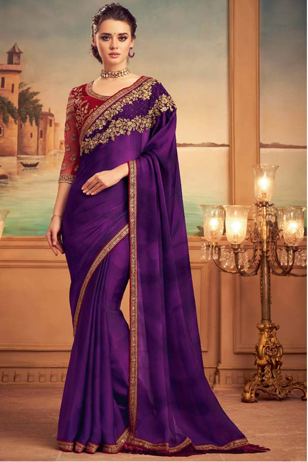 Embroidered Satin Georgette Saree in Purple