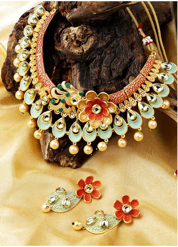 Floral Gold Finish Kundan Neckwear