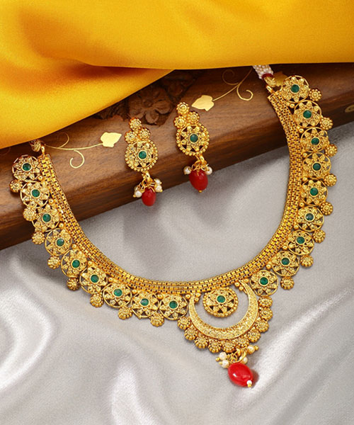 Green And Red Stone Studded Gold Half Set