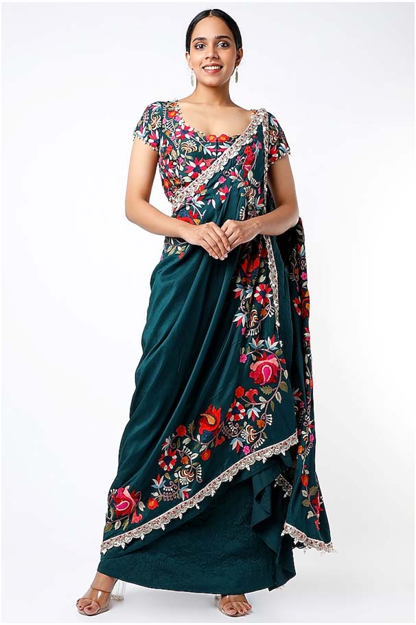 Green Dupion Silk Draped Saree Set