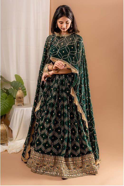 Green Georgette Dori Embroidered Lehenga Set