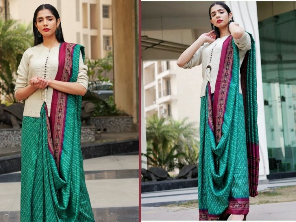 Green Saree And White Sweater