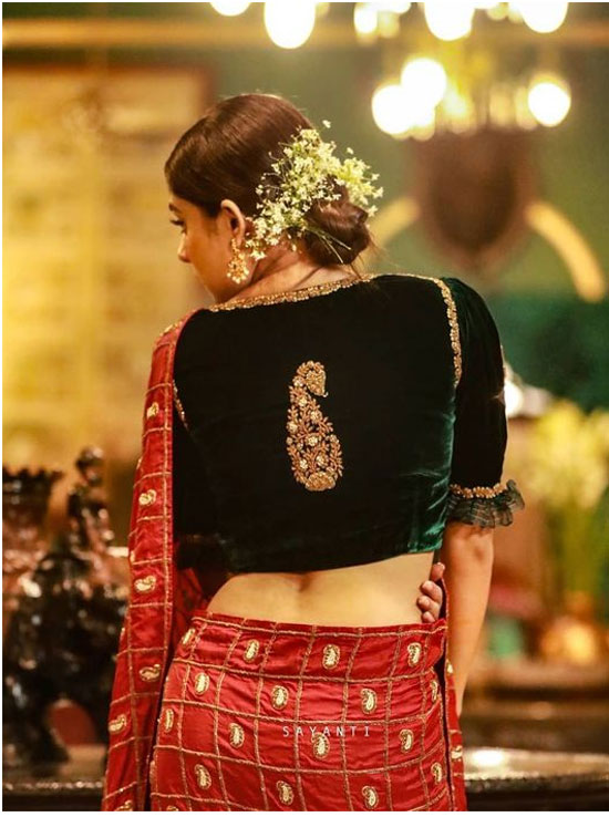 Green Velvet Blouse Design With Frill Detailing On Sleeves