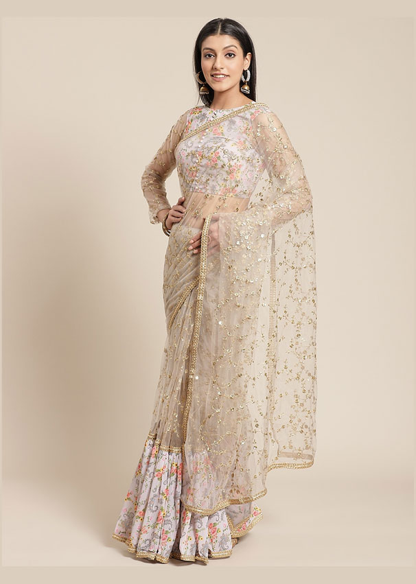 Grey Golden Net Sequin Embroidered Saree