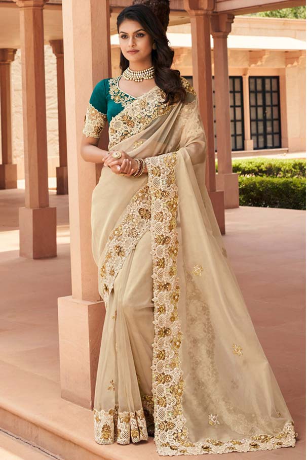 Hand Embroidered Organza Saree in Light Beige