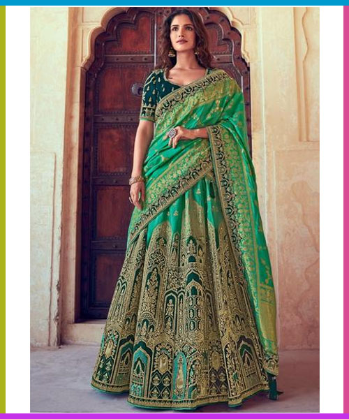 JUNGLE GREEN BANARASI SILK LEHENGA CHOL