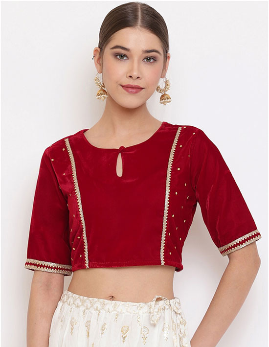 Maroon Velvet Design Blouse With Golden Border Work