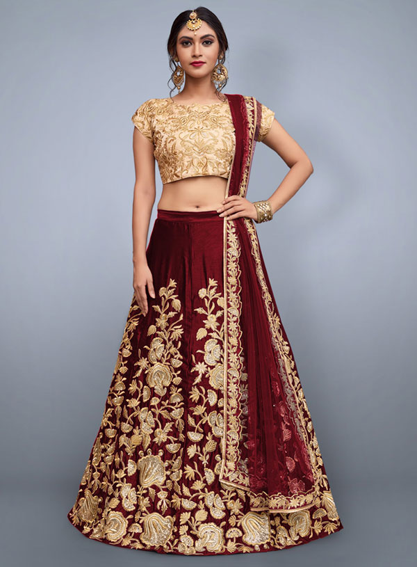 Maroon Velvet Lehenga