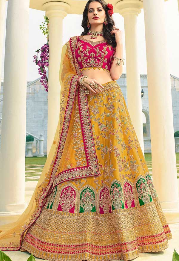 Mustard And Pink Art Silk Lehenga Choli