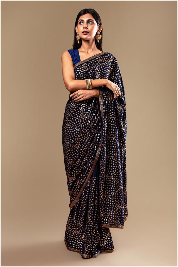 Navy Blue Muga Silk Sequin Work Saree