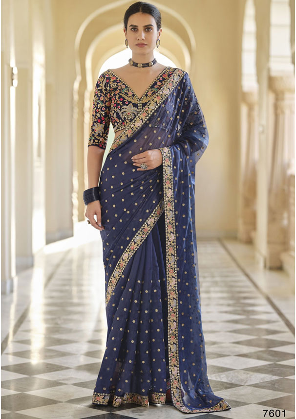 Navy Blue Organza Embroidered Saree