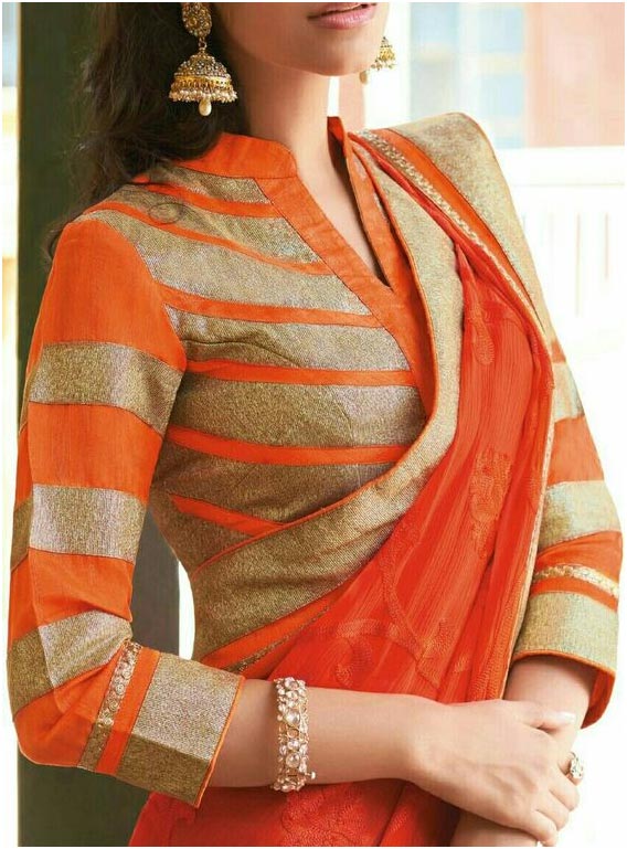 Orange And Gold Full Sleeves Blouse Design