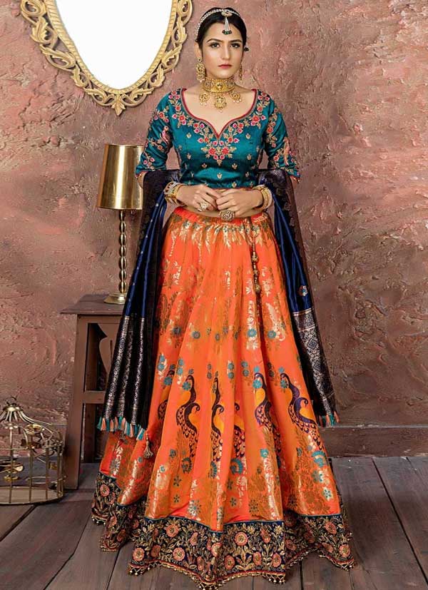 Orange Banarasi A Line Lehenga Choli