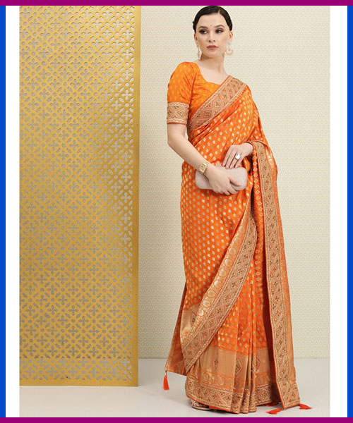 Orange Gold Tone Embroidered Saree