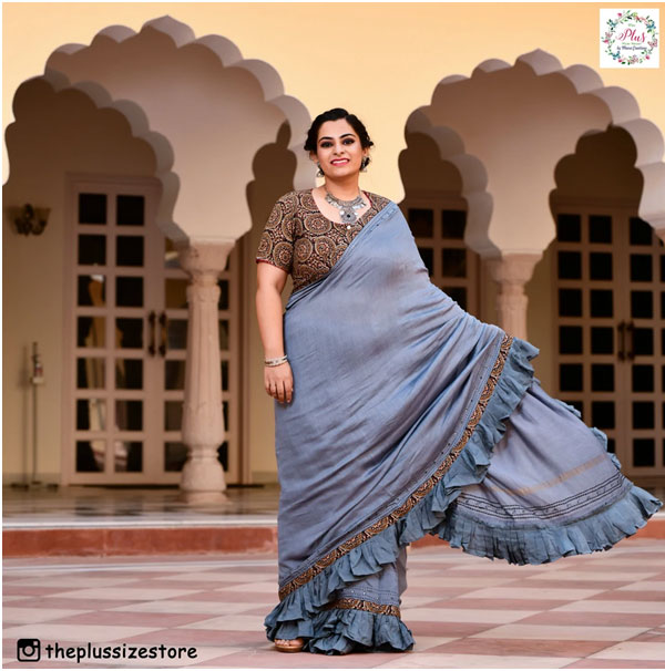 PEWTER GREY SILK RUFFLE SAREE