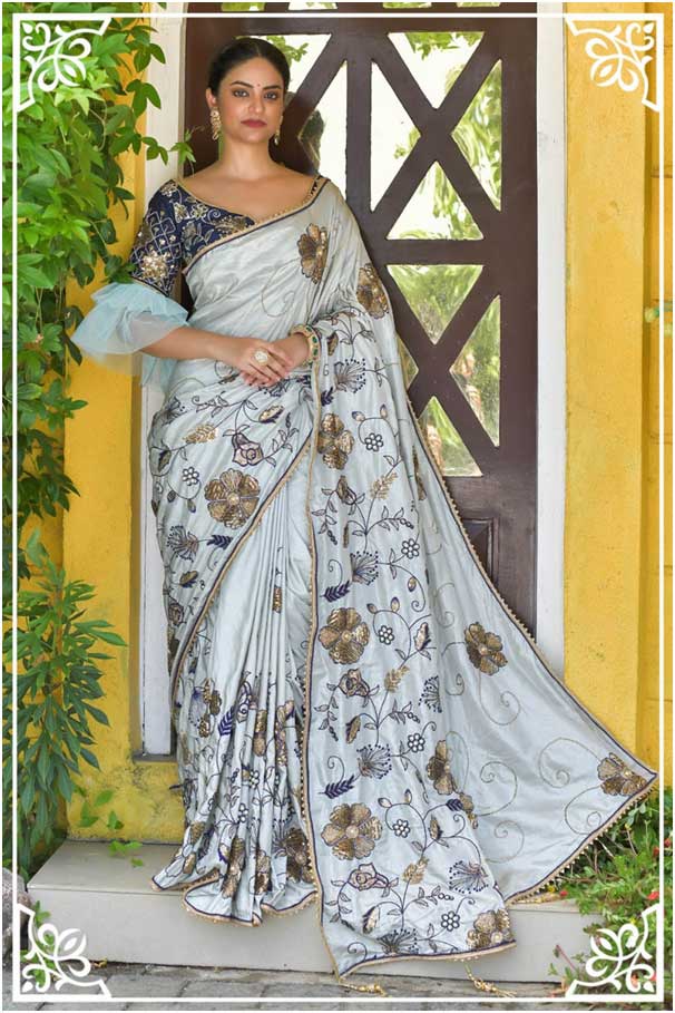 Party Wear Grey Sequin Work Saree