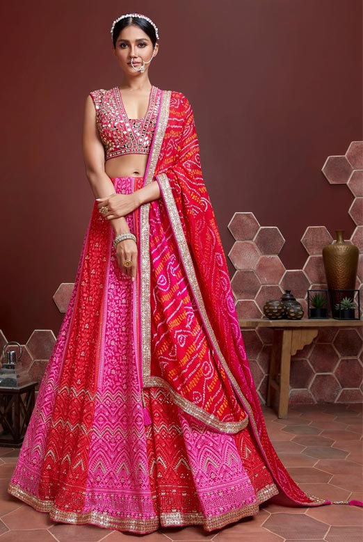 Pink And Red Gorgette Lehenga Set