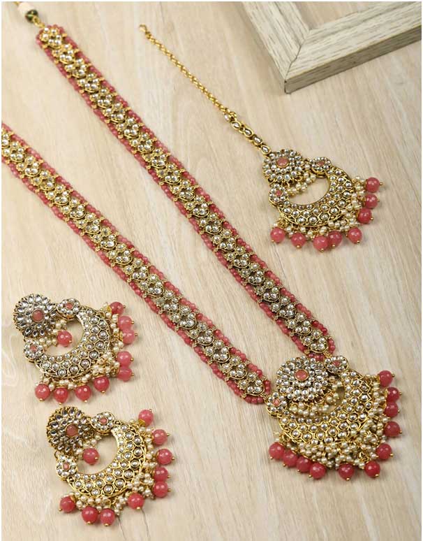 Pink Beads Kundan Necklace Set