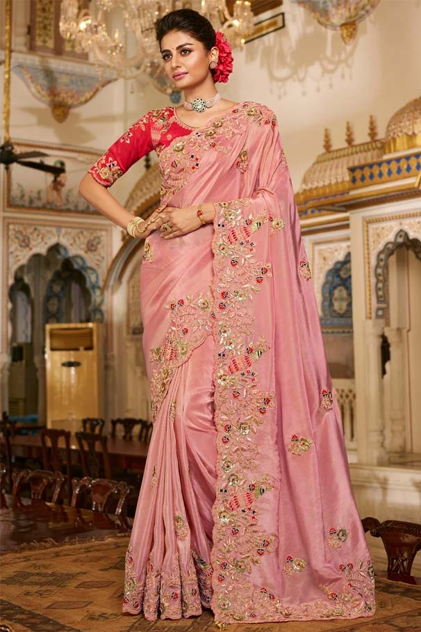 Pink Viscose Saree with Embroidered Peacock Motifs