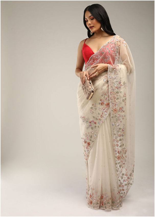 Powder White Saree In Organza With Multi Colored Sequins And Pita Zari Embroidered