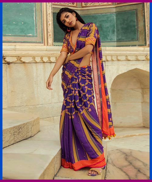 Purple And Yellow Printed Saree