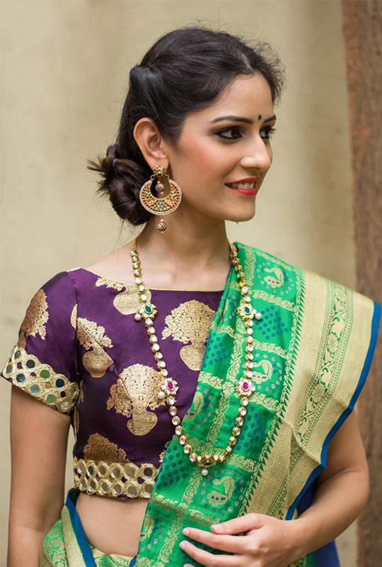 Purple Brocade Mirror Work Blouse Design