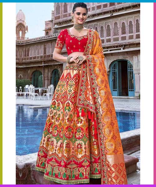 Red And Rose Gold Banarasi Silk Lehenga Choli