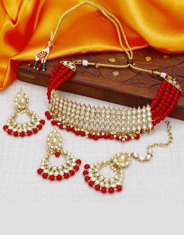 Red Gold Plated Kundan Necklace