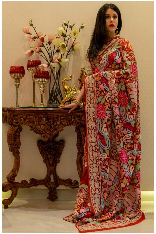 Red Multi Colour Floral Jaal Embroidered Saree