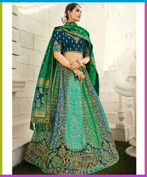 SEA GREEN HEAVY EMBROIDERED BANARASI SILK LEHENGA CHOLI