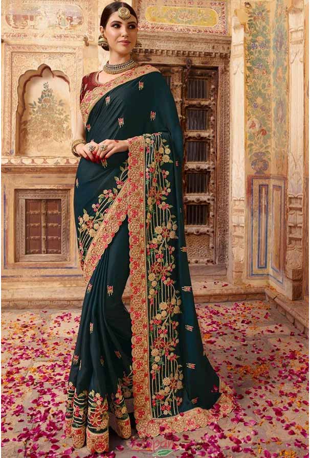 Silk Wedding Function Wear Dark Grey Saree