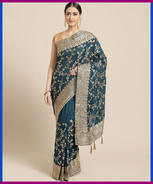 Teal Green Zari Embroidered Saree