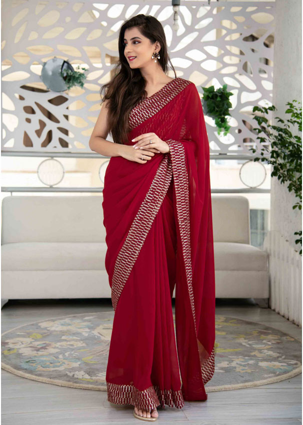 Trendy Party Wear Red Sequin Work Saree