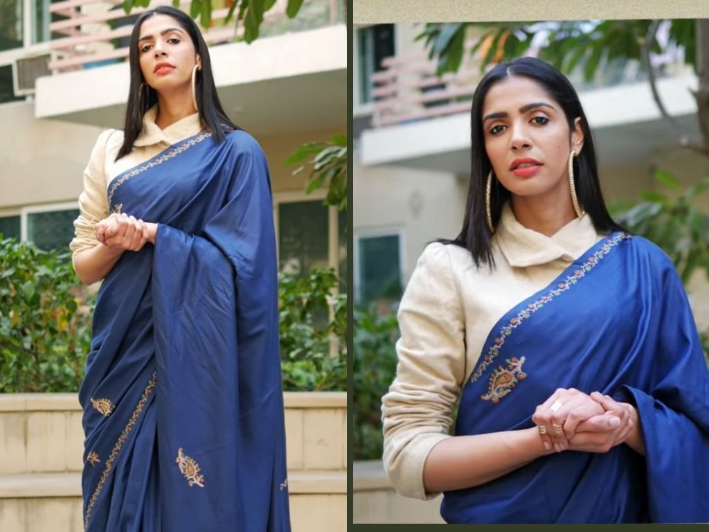 White Jacket And Blue Saree