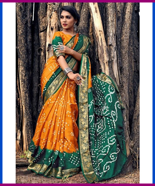 Yellow And Green Bandhej Saree