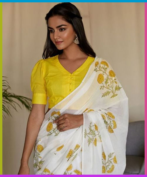 Yellow V Neck Puff Sleeves Blouse