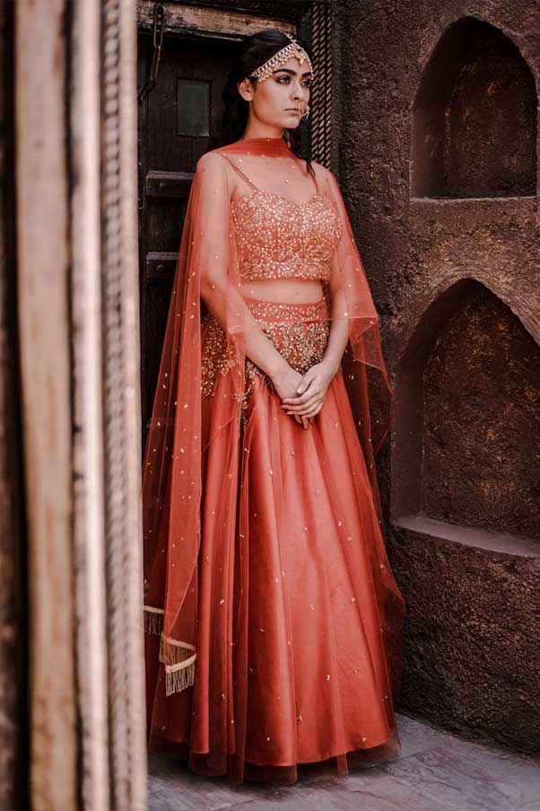 Orange Embroidered Lehenga