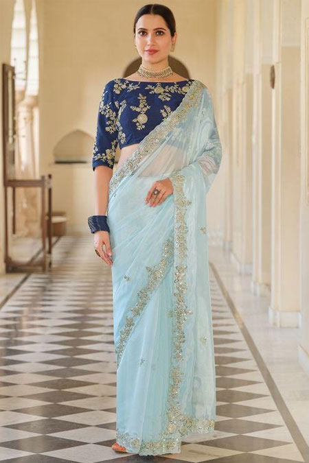 Baby Blue Designer Organza Saree
