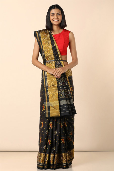 Black Handwoven Rajkot Patola Ikat Pure Silk Saree 