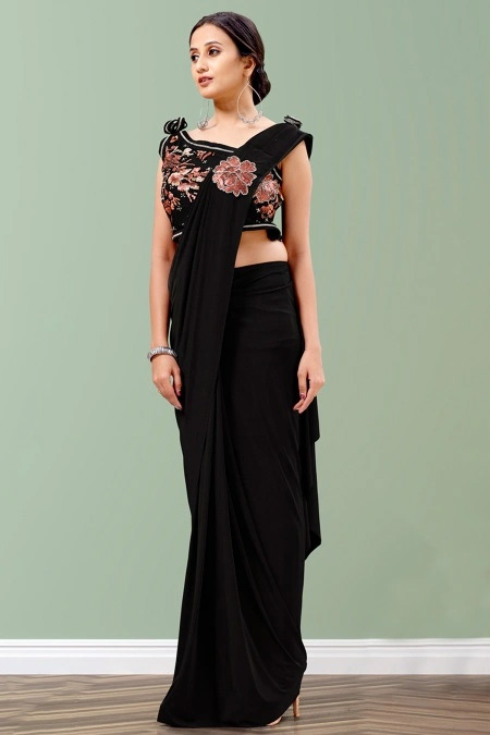 Black Lycra Pre Stitched Saree