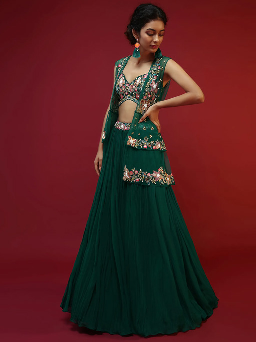 Bottle Green Lehenga Choli With Sleeveless Peplum Jacket