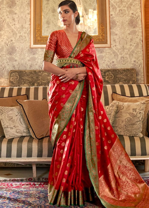Carmine Red Woven Banarasi Silk Saree 