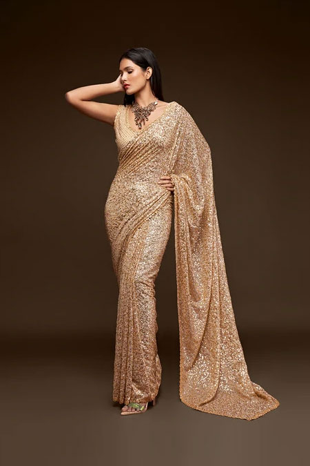 Cream Color Pure Georgette Sequin Work Saree