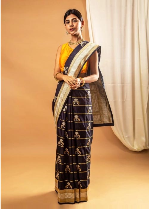 Dark Blue Banarasi Silk Floral Woven Butta Saree